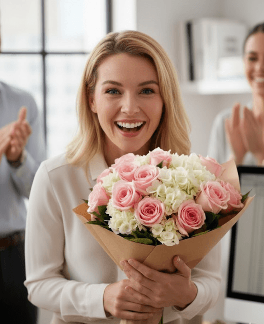 Classic Corporate bouquet with seasonal roses and hydrangeas in kraft paper wrapping — Side