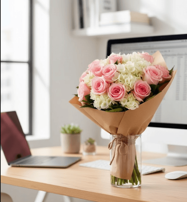 Classic Corporate bouquet with seasonal roses and hydrangeas in kraft paper wrapping — Top