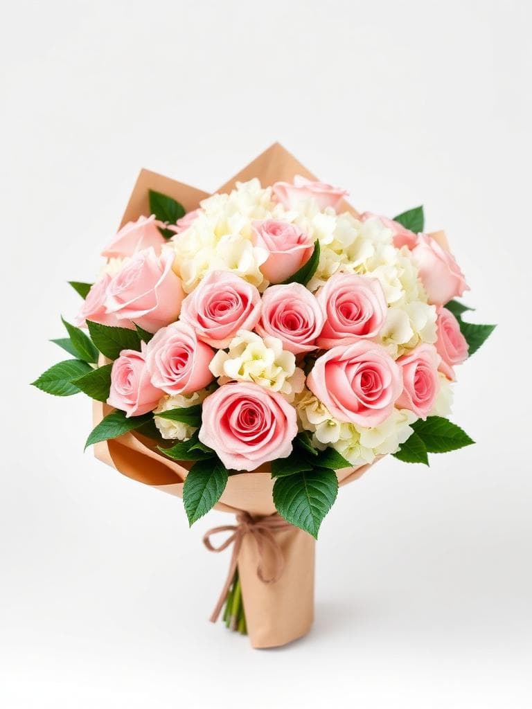 Classic Corporate bouquet with seasonal roses and hydrangeas in kraft paper wrapping