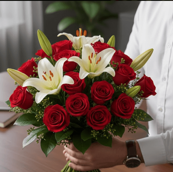 Executive Statement luxury arrangement with lilies, roses and orchids in glass vase