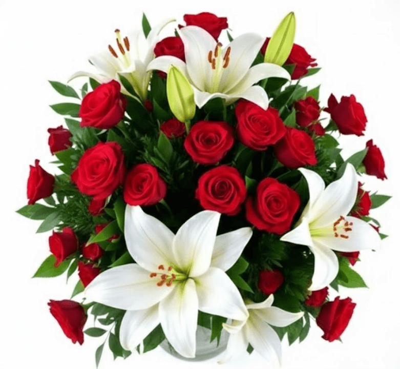 Executive Statement luxury arrangement with lilies, roses and orchids in glass vase — Top