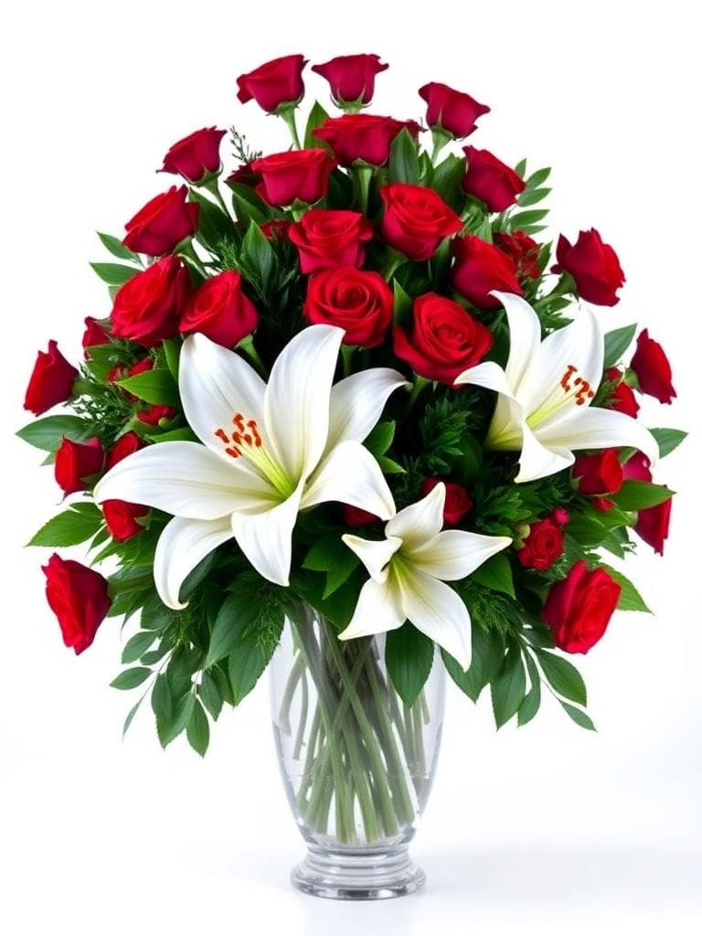 Executive Statement luxury arrangement with lilies, roses and orchids in glass vase — Side