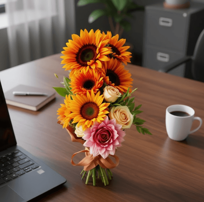 Premium Seasonal bouquet featuring vibrant seasonal flowers with elegant ribbon finish — Top