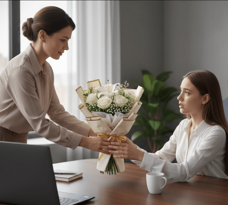 Sympathy White arrangement with all-white roses, lilies and chrysanthemums