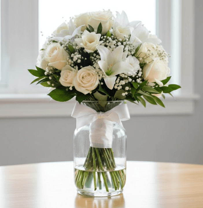 Sympathy White arrangement with all-white roses, lilies and chrysanthemums — Side