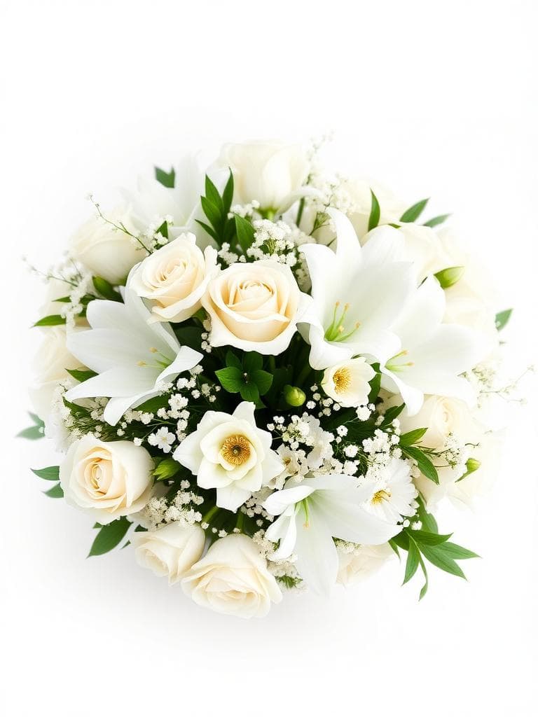 Sympathy White arrangement with all-white roses, lilies and chrysanthemums — Top